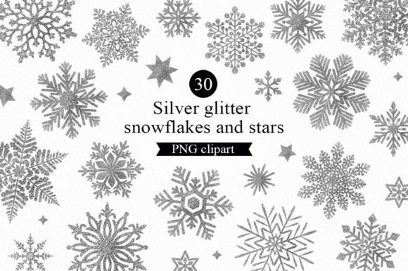 Silver Glitter Snowflakes Clipart PNG
