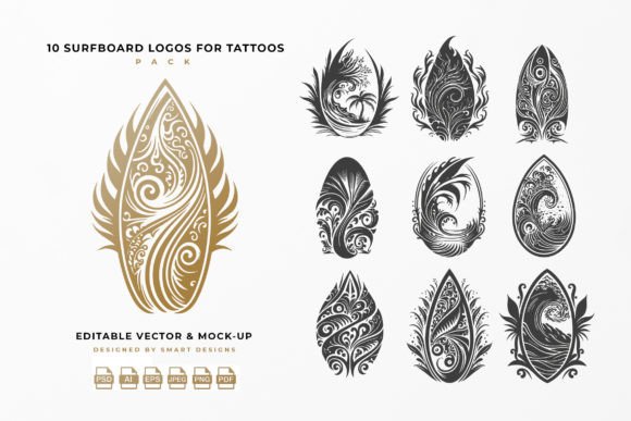 Surfboard Logos for Tattoos Pack X10 – Unique Design Assets